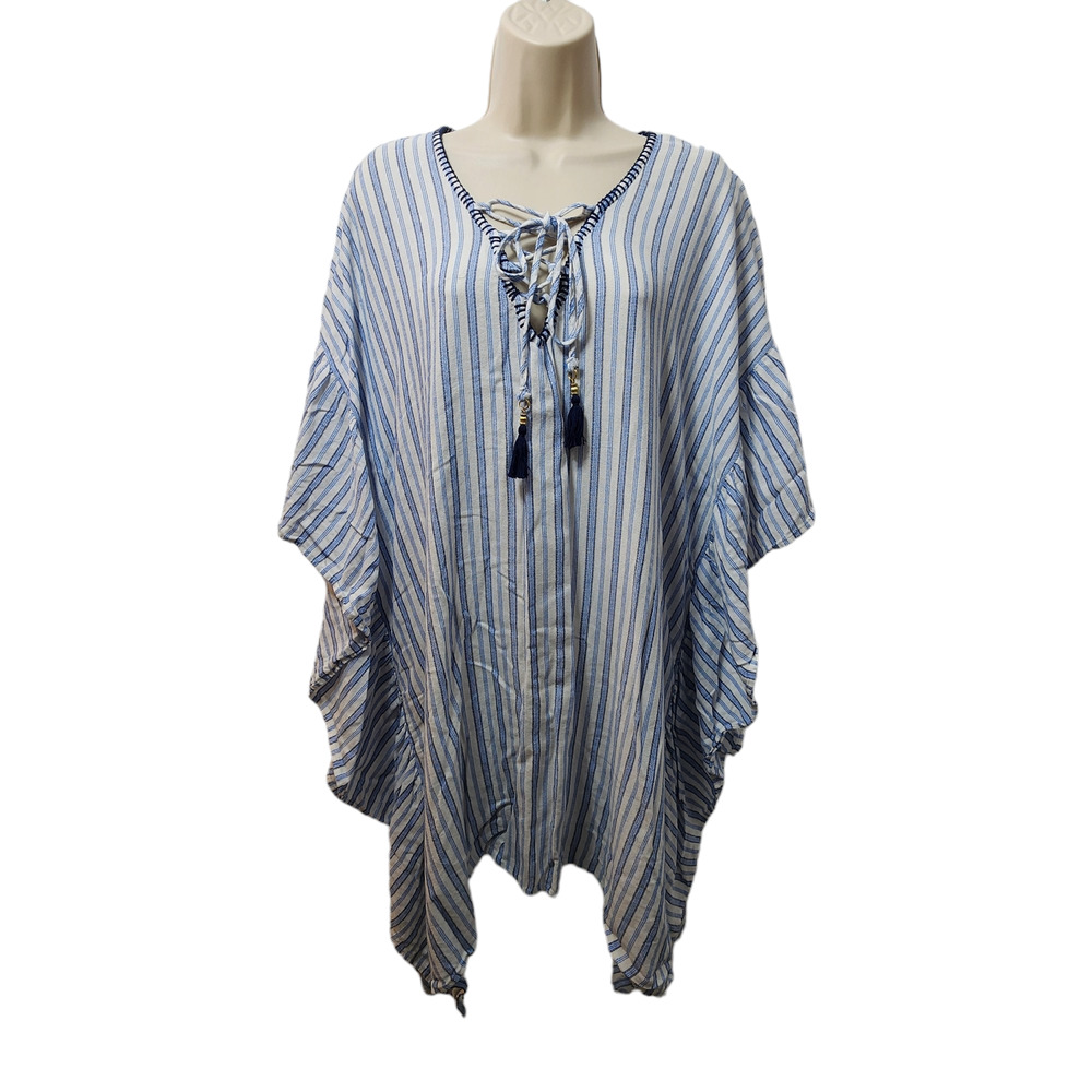 Tommy Bahama Womens Top Small Kaftan Tunic Swim Cover Nautical Blue White Beach